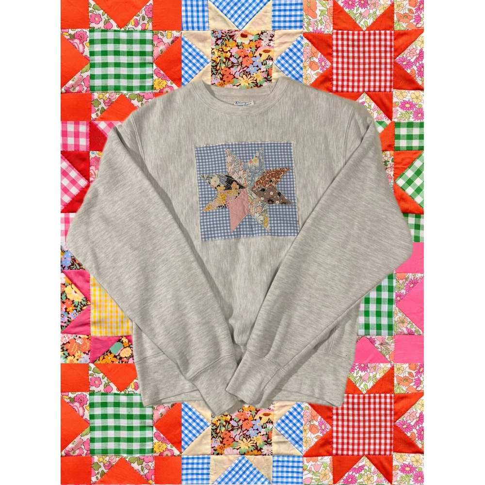 Vintage Champion Reverse Weave Sweatshirt Small Handmade Quilt Star Patchwork